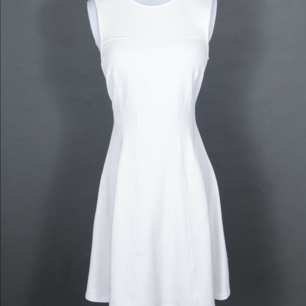 Theory Sleeveless Fit/Flare Modern Tea Dress Summer Pique Stretch Cotton White 8